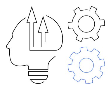 İçinde yukarı doğru ok olan kafa profili ve iki vites yenilik, büyüme, üretkenlik ve karar verme mekanizmasını simgeliyor. Yaratıcılık, strateji, ticaret, eğitim, takım çalışması ve teknoloji temaları için ideal
