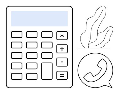 Düğmeli hesap makinesi, konuşma balonunda ikon, ve minimalist bitki çizimi. Finans, muhasebe, iletişim, müşteri hizmetleri, bütçe, iş ve basit bir iniş sayfası için ideal