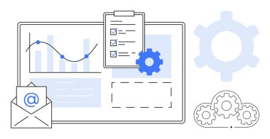 Eğilim çizgileri, dosya, belgeler, e-posta zarfı, otomasyonu sembolize eden vitesler. Takım çalışması, verimlilik, analitik iletişim organizasyonu iş akışı süreci için ideal. Düz basit