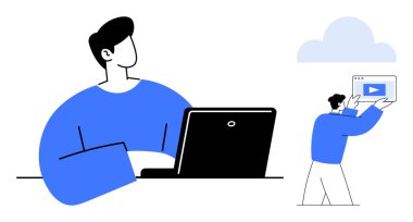 Dizüstü bilgisayarla oturan kişi, video konsept elemanı, yaratıcı takım çalışması, teknoloji, video düzenleme, bulut depolama, yenilik stratejisi, kullanıcı arayüzü tasarımı, basit iniş sayfası