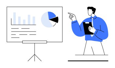Resmi giysili bir adam elinde bir panoyla sunum panosuna çubuk grafik ve pasta grafiği ile bakıyor. Analiz, planlama, eğitim, strateji, takım çalışması, raporlama ve araştırma için ideal. Düz basit