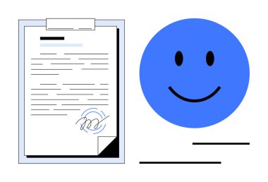 Mavi mutlu bir yüzle birlikte bir panoda imzalanmış bir anlaşma. Kontrat, onay, güven, memnuniyet, iş birliği, müşteri ilişkileri, pozitiflik için ideal. Düz basit metafor