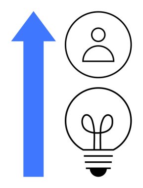 Kullanıcı simgesi ve ampulün yanında yukarı doğru mavi ok. Yenilikçiliği, kişisel gelişimi, liderliği ve başarıyı temsil eder. İş, motivasyon, kariyer, üretkenlik çözümleri stratejisi için ideal