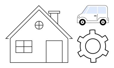 Evin taslağı, teçhizat ve minimal tasarımı olan bir araba. Otomasyon için ideal, ev onarımı, sürdürülebilirlik, hareketlilik, yenilik, teknoloji entegrasyonu basit iniş sayfası