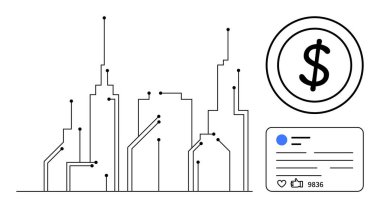 Teknoloji devreleri, büyük dolar sembolü ve sosyal medya arayüzü ile soyut şehir manzarası bağlantı, dijital ekonomi, sosyal platformlar, fintech, modern teknoloji, veri paylaşımı ve basit