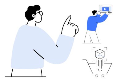 Dijital elementlere odaklanarak yukarı bakan adam çevrimiçi videoyu, 3 boyutlu ürün gösterimini ve alışveriş arabasını onaylıyor. E-ticaret, medya, pazarlama, içerik oluşturma, öğrenme, çevrimiçi alışveriş için ideal