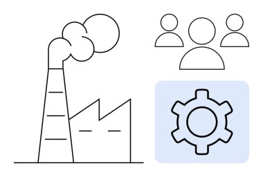Duman yayan fabrika, mavi bir karede vites ve takım çalışmasını temsil eden üç figür. Sanayi, imalat, süreç optimizasyonu, işbirliği, işgücü, iş stratejisi için ideal basit