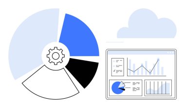 Dairesel pasta grafiği, vites simgesi, ekrandaki veri tabloları ve bulut elementi. Veri analizi, iş stratejisi, bulut teknolojisi, performans takibi, karar verici dijital araçlar için ideal