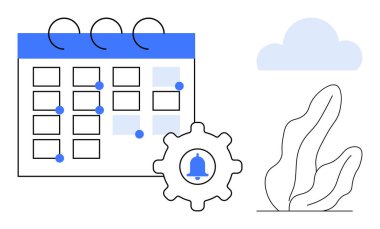 Vurgulanmış tarihli takvim, uyarı zili, bulut ve soyut bitki içeren dişli simgesi. Planlama, programlama, hatırlatıcı, üretkenlik, zaman yönetimi organizasyonu için idealdir.