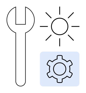 Anahtar ve teçhizat, enerji ve yenilik için güneş ile eşleştirilmiş alet ve ayarları sembolize eder. Teknoloji, onarım, bakım, enerji, mühendislik, optimizasyon, basit iniş sayfası için ideal