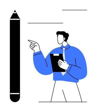 Mavi gömlekli bir adam elinde bir klasör, büyük kaleme doğru işaret ediyor. Eğitim, yaratıcılık, yazarlık, eğitim, içerik yönetimi, takım çalışması ofis araçları için idealdir. Temiz düz basit metafor