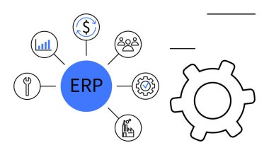 Finans, analitik, takım yönetimi, üretim, araçlar ve verimlilik için ikonlara sahip merkezi ERP merkezi. Ticari yazılım, organizasyon, otomasyon verimlilik stratejisi kaynağı için ideal