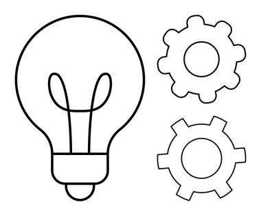 İki dişlinin yanındaki ampul fikirler, yaratıcılık ve problem çözme kavramını ön plana çıkarıyor. Yenilik için ideal, takım çalışması, teknoloji, beyin fırtınası, icat, basit iniş sayfası işleme
