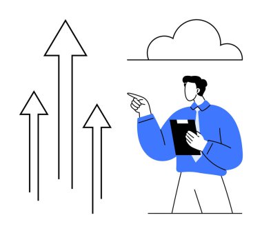 Profesyonel iş adamı panosu, yukarı bakan oklar büyümeyi simgeliyor, yukarıdaki bulutlar. Liderlik için ideal, ilerleme, strateji, yenilik, başarı planlama takım çalışması. Düz basit