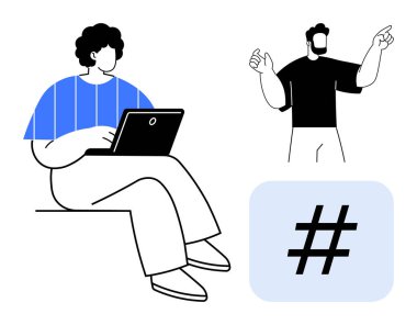 Takım üyesi dizüstü bilgisayarda çalışırken diğer bir jest de meta veri etiketi sembolüyle eşleştiriliyor. Takım çalışması, işbirliği, sosyal medya, dijital pazarlama, iletişim, beyin fırtınası, basit