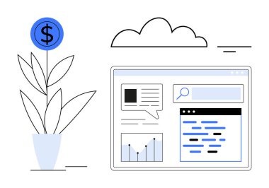 Dolar işareti ile filizlenen para santrali, arama çubuğu, grafikler ve veri analizi içeren çevrimiçi arayüz. Finans, yatırım, iş analizleri, büyüme, strateji fintech sade iniş için ideal