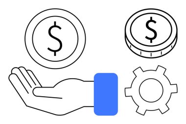 Dolar sembolü olan madeni parayı desteklemek için el uzatılmış, dişli işlemleri veya optimizasyonu sembolize ediyor. Finans, bütçe, yatırım, fırsatlar, planlama, sistemler için ideal