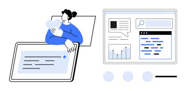Kadın, analitik ve içerik gösterge paneli eşliğinde bir tablet cihazıyla etkileşime giriyor. Teknoloji, takım çalışması, iletişim, veri analizi, içerik oluşturma, eğitim ve basit bir