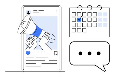 İçinde megafon, işaretli tarih ve mesaj baloncuğu olan bir takvim içeren sosyal medya iletisi olan akıllı telefon ekranı. Pazarlama, sosyal medya planlaması, iletişim, programlama için ideal