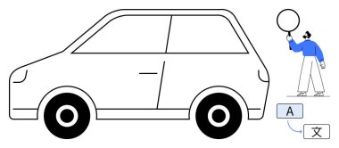 Basit siyah çizgili bir araba ve bir çember tutan kişi, ifadeyi ya da konuşmayı simgeliyor. Çok dilli metin ögelerini içerir. Ulaşım, iletişim, dil ve seyahat için ideal