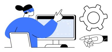 AR gözlükleri takan kişi bilgisayar ekranı, robot el ve vites sembolü ile etkileşimde. Teknoloji, yenilik, yapay zeka, AR, makine eğitimi, otomasyon gelecekteki iş yeri düzlüğü için idealdir