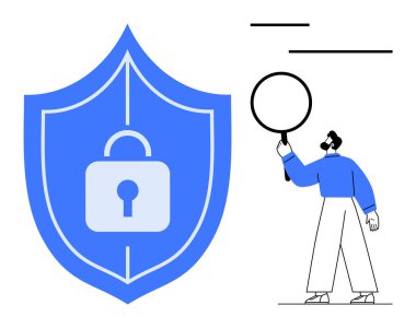 Kilit sembollü mavi bir kalkan ve büyüteç tutan bir figür güvenliği analiz ediyor. Siber güvenlik, koruma, erişim kontrolü, araştırma, denetim, mahremiyet, basit iniş sayfası için ideal