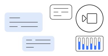 Metin dolu sohbet baloncukları, daire içinde video oynatma düğmesi ve mavi röfleli bar tablosu. İletişim, takım çalışması, mesajlaşma, analitik, gösterge paneli, basit iniş sayfası etkileşimi için ideal
