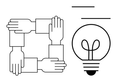 Parlayan bir ampulün yanında dört bağlı el bir kare oluşturuyor. Takım çalışması, yenilik, ortaklık, işbirliği, beyin fırtınası, yaratıcılık ve problem çözme için ideal. Düz basit metafor