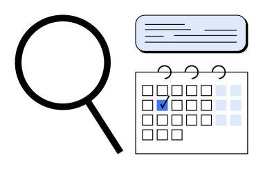 Büyüteç, metin bloğu ve işaretli tarihli takvim arama, düzenleme ve planlama anlamına geliyor. Planlama, zamanlama, araştırma, verimlilik yönetimi değerlendirmesi için ideal