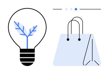 Çiçek sembollü ampul, alışveriş torbası ve minimalist tasarım. Çevre ticareti, yenilik, sürdürülebilirlik, e-ticaret, markalaşma, çevre dostu girişimler için ideal basit iniş sayfası