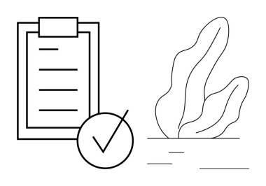 Kontrol listesi olan pano ve soyut fabrikanın yanında büyük bir kontrol işareti. Üretkenlik, organizasyon, hedef belirleme, görev öncelikleri, odaklanma, başarı ve basit iniş sayfası için ideal