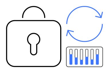 Büyük asma kilit, dairesel oklar senkronizasyonu gösteriyor ve ayarlanabilir kaydırıcılarla kontrol paneli. Veri koruması, gizlilik, eşzamanlama, güncellemeler, kilit sistemleri ve siber güvenlik için ideal