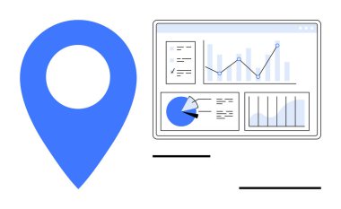 Çizelgeler, grafikler ve veri analizlerini gösteren bir gösterge panelinin yanında mavi konum iğnesi. Analiz, iş yeri, konum izleme, pazarlama, veri görselleştirme, basit iniş sayfası için ideal
