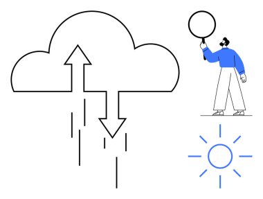 Oklu bulut veri alışverişini gösterir, güneş aşağıda parlar ve bir insan yaratıcılığı yansıtan bir balon tutar. Teknoloji, veri, yenilik, büyüme, sürdürülebilirlik, enerji sade iniş için ideal