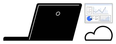 Bulut ve analitik ekranın yanında dizüstü bilgisayar grafikleri ve grafikleri gösteriyor. Bulut hesaplama, veri yönetimi, bilişim hizmetleri, analitik, çevrimiçi çalışma, uzak araçlar, basit iniş sayfası için ideal