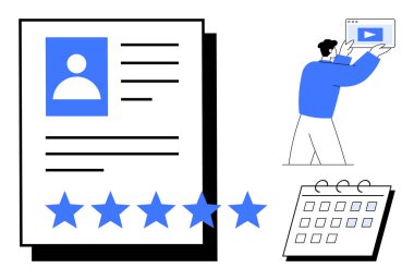 Kullanıcı bilgilerine ve beş yıldızlı reytinglere sahip profil, video içeriği tutan kişi, olaylı takvim. Kişisel markalaşma, müşteri sunumu, programlama, değerlendirmeler, portföy, pazarlama için ideal