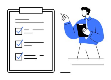 Kontrol listesi ve işaretli görevlerin olduğu pano, önünü gösteren bir klasör tutan kişi. Görev yönetimi, verimlilik, hedef belirleme, denetim, iş akışı, planlama organizasyonu için ideal. Düz basit