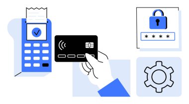 POS terminalindeki kredi kartına fiş, şifre simgesini kilitle ve sistem ayarları için teçhizat tak. Fintech, ödeme çözümleri, siber güvenlik, ecommerce, teknoloji ve dijital için ideal