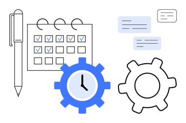 Kalem, takvim işaretli, saat dişlisi, sohbet baloncukları ve dişli, görev yönetimini sembolize ediyor. Planlama, üretkenlik, zaman yönetimi, organizasyon verimliliği planlama işbirliği için ideal