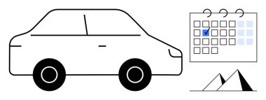 Üzerinde seyahat, planlama ve organizasyonu simgeleyen tarihi ve dağları olan bir takvimin yanındaki araba. Zamanlama, ulaşım, tatil, turizm, macera, lojistik zaman yönetimi için ideal