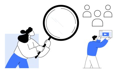 Büyüteçle incelenen kadın, elinde video oynatıcı, takım çalışmasını temsil eden izleyici simgeleri, araştırma, analitik, eğitim, pazarlama, iletişim, basit bir iniş sayfası için ideal