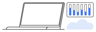 Analiz, veri depolama ve bulut çözümlerini temsil eden boş ekranlı dizüstü bilgisayar ve bulut grafiği. Teknoloji, iş anlayışı, bilişim, uzaktan çalışma ve finans için ideal