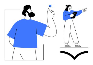 İki figür işbirliği yapıyor, biri tablet tutarken işaret ederken, diğeri el kaldırarak işaret ediyor. Takım çalışması, yenilik, karar verme, iletişim, proje yönetimi, yaratıcı