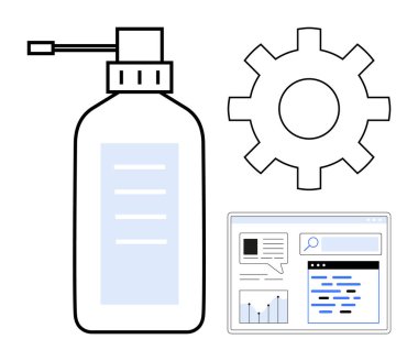 Ürün şişesi tasarımının yanında bir vites, analitik, metin ve arama çubuğu da var. Markalaşma, e-ticaret, ürün pazarlama, teknoloji, otomasyon, web geliştirme için ideal basit