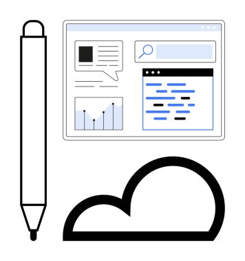 Veri tabloları, kodlama penceresi ve bulut ile grafiksel kullanıcı arayüzünün yanındaki kalem. İçerik oluşturma, kodlama, bulut depolama, analitik, web tasarımı, yenilik için ideal basit iniş sayfası