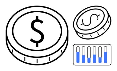 İlerleme ve ölçümleri görselleştiren bir bar çizelgesinin yanında bir dolar işareti ile işaretlenmiş sikkeler. Finans, tasarruf, yatırım, bütçe, analitik, ekonomik eğilimler, basit iniş sayfası için ideal