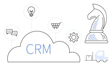 CRM bulutu, el arabası, ampul, satranç şövalyesi, kamyon, sohbet, teçhizat. Strateji için ideal, müşteri yönetimi planlama teknolojisi lojistik e-ticaret yeniliği. Düz basit metafor