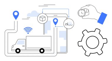 GPS işaretleri, kablosuz sinyal, vites, saat ve pusula taşıyan bir kamyon yolda ilerliyor. Teslimat çözümleri, lojistik, filo yönetimi zaman verimliliği rotası için ideal