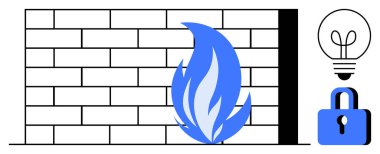 Mavi alevli tuğla duvar, ampul ve kilit dijital güvenlik, yenilik ve koruma erişimini temsil ediyor. Siber güvenlik, teknoloji ve yenilikçi güvenlik için ideal güvenlik duvarları