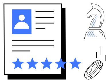 Profil görüntüsü, derecelendirme yıldızları, şövalye satranç taşı ve değerlendirme, başarı, strateji, karar verme, işe alma becerisi ve fırsatları vurgulama fikirleriyle devam edin. İdeal